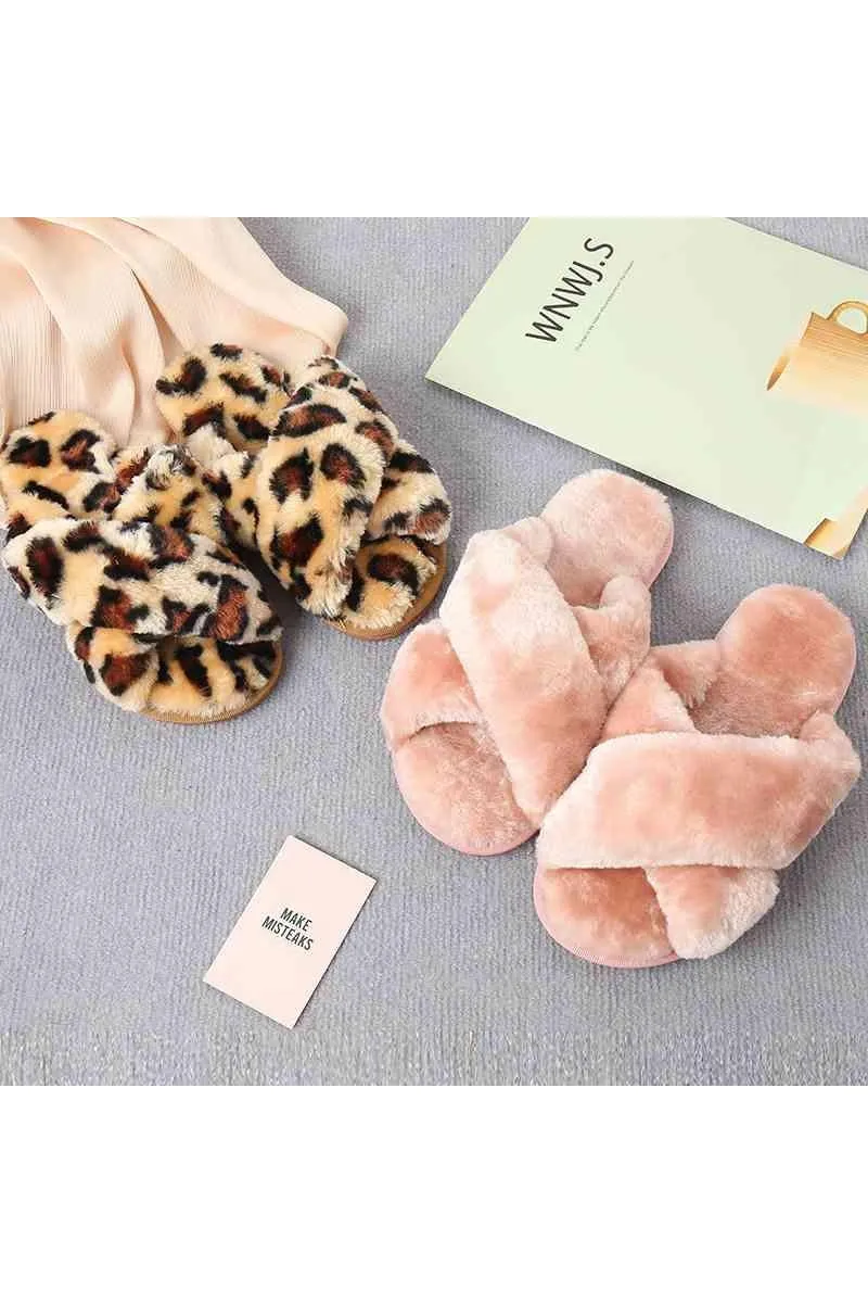 Ava Faux Fur Crisscross Strap Slippers