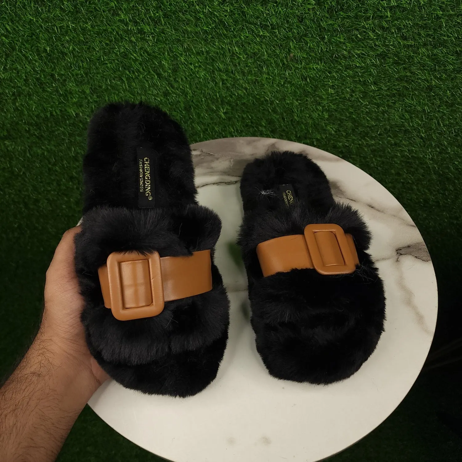 Black Brown Fur Slippers