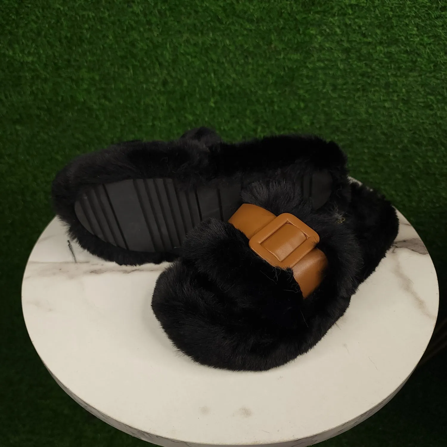 Black Brown Fur Slippers