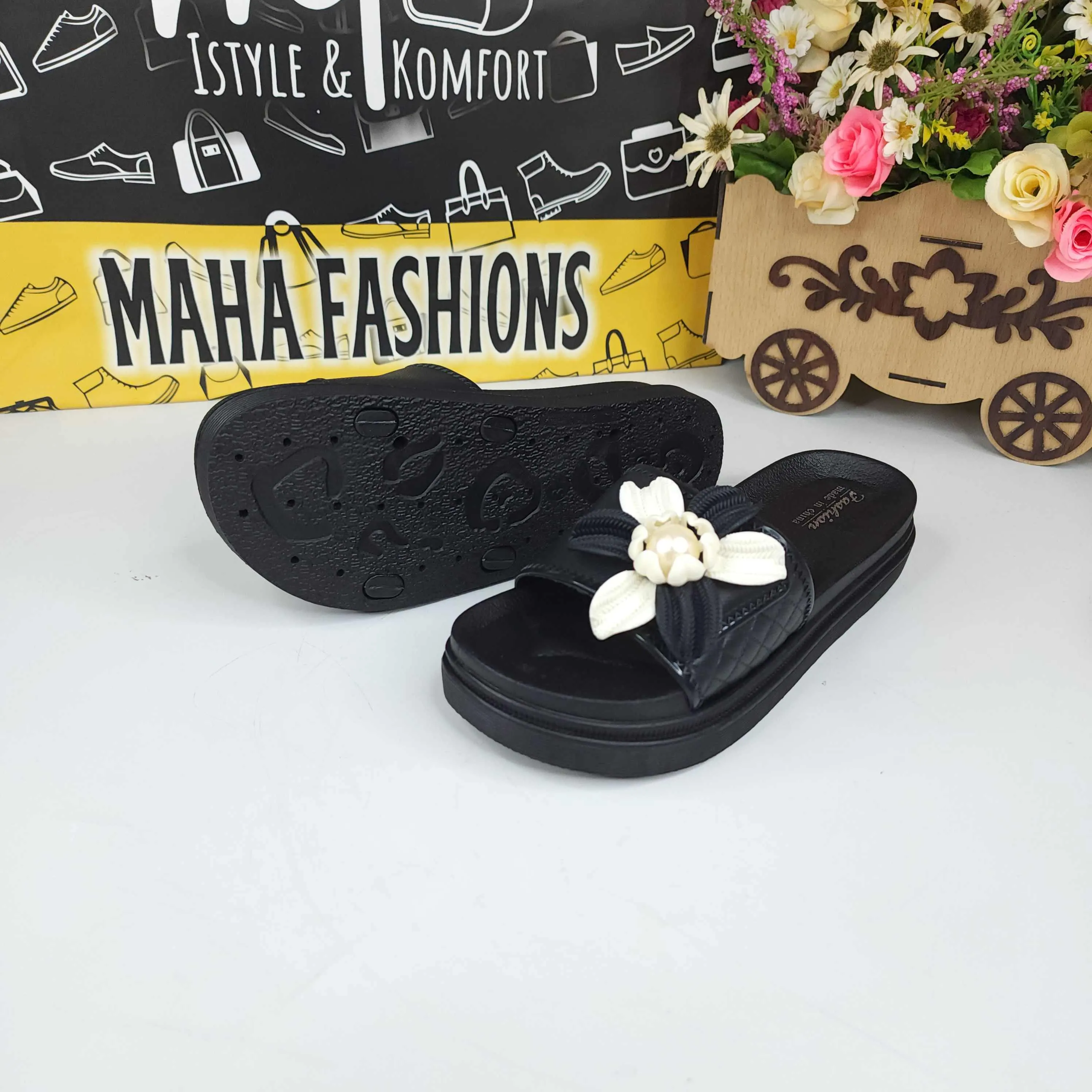 Black Floral Slides