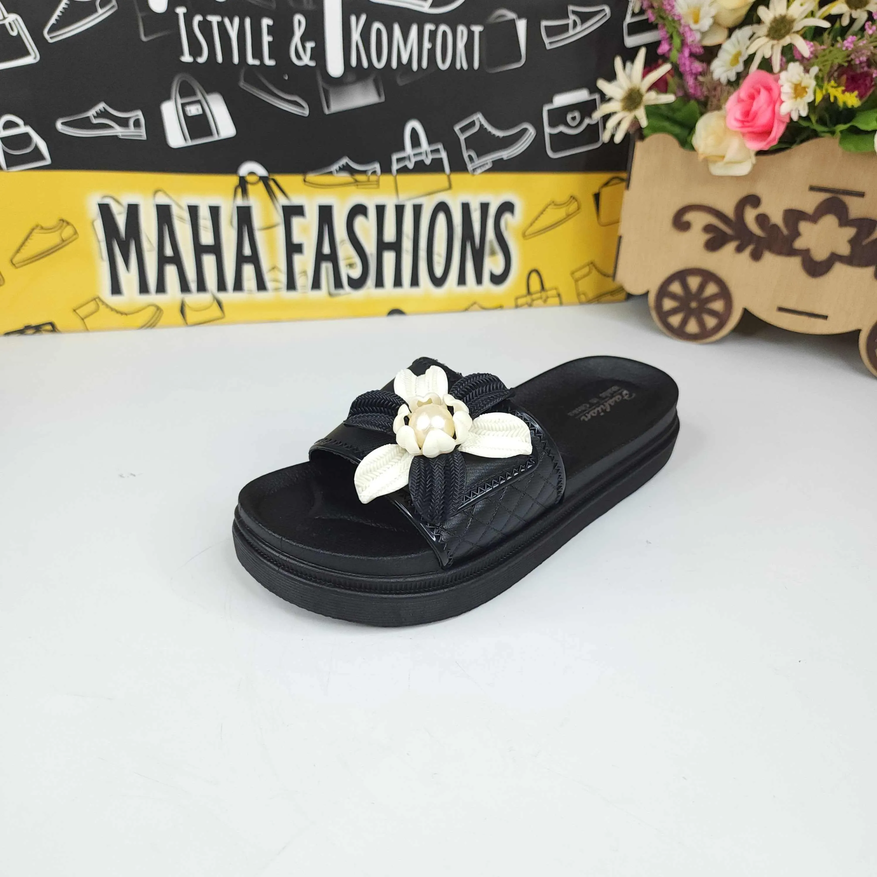 Black Floral Slides