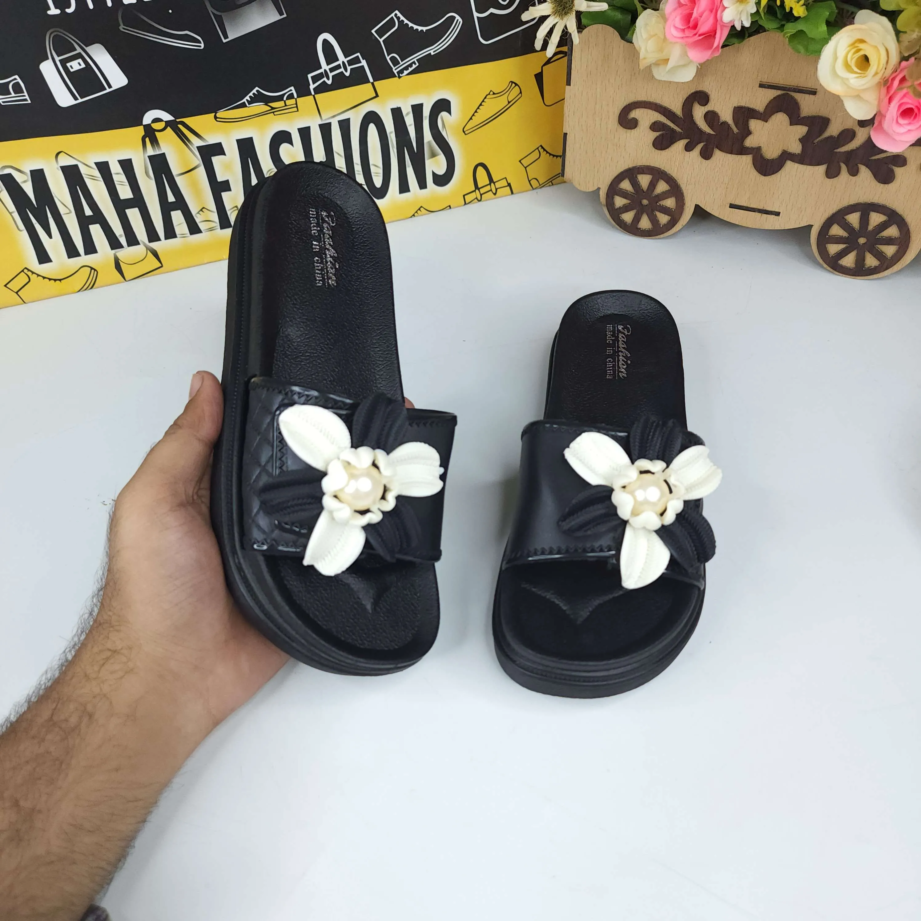 Black Floral Slides