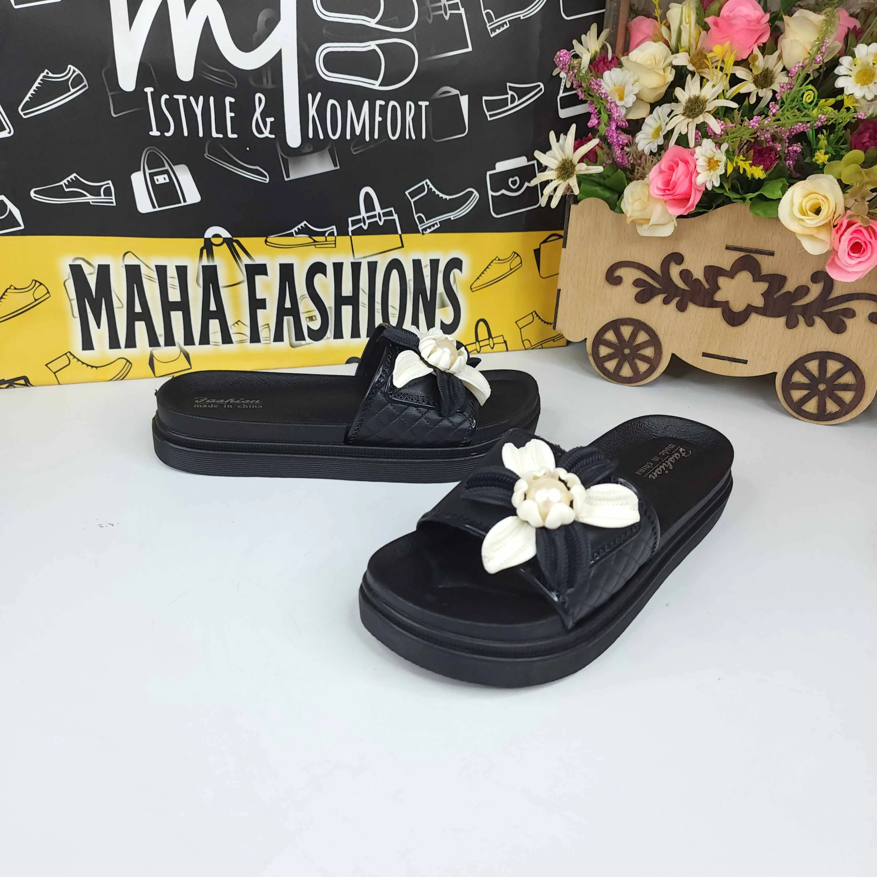 Black Floral Slides