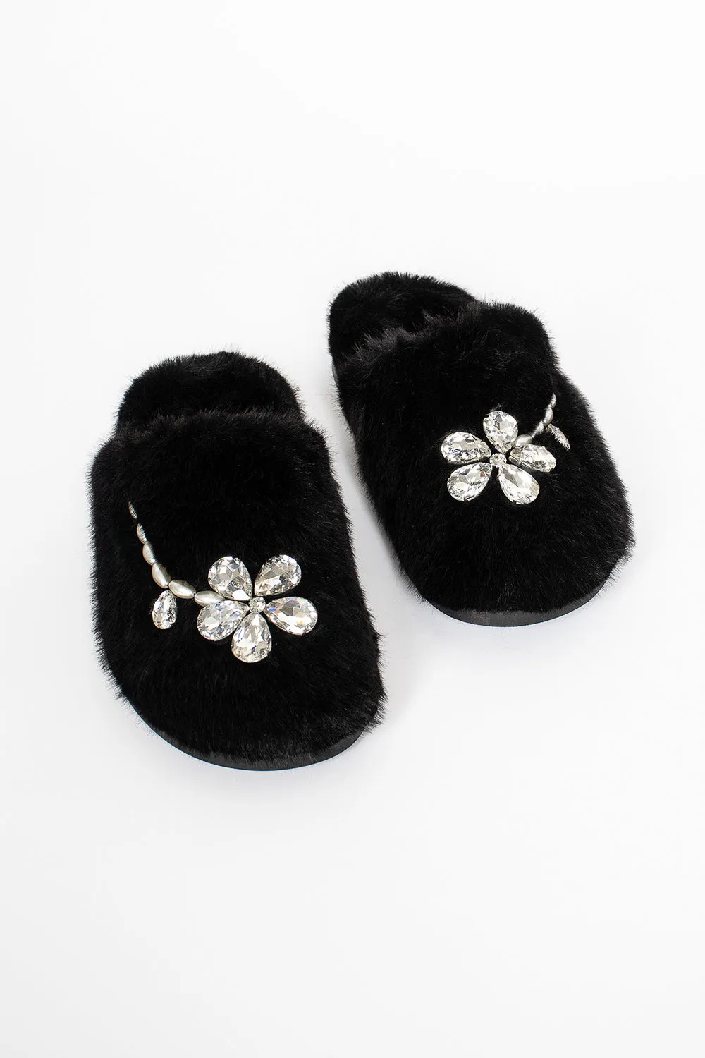 Embellished Furry Slippers Black