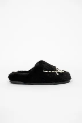 Embellished Furry Slippers Black