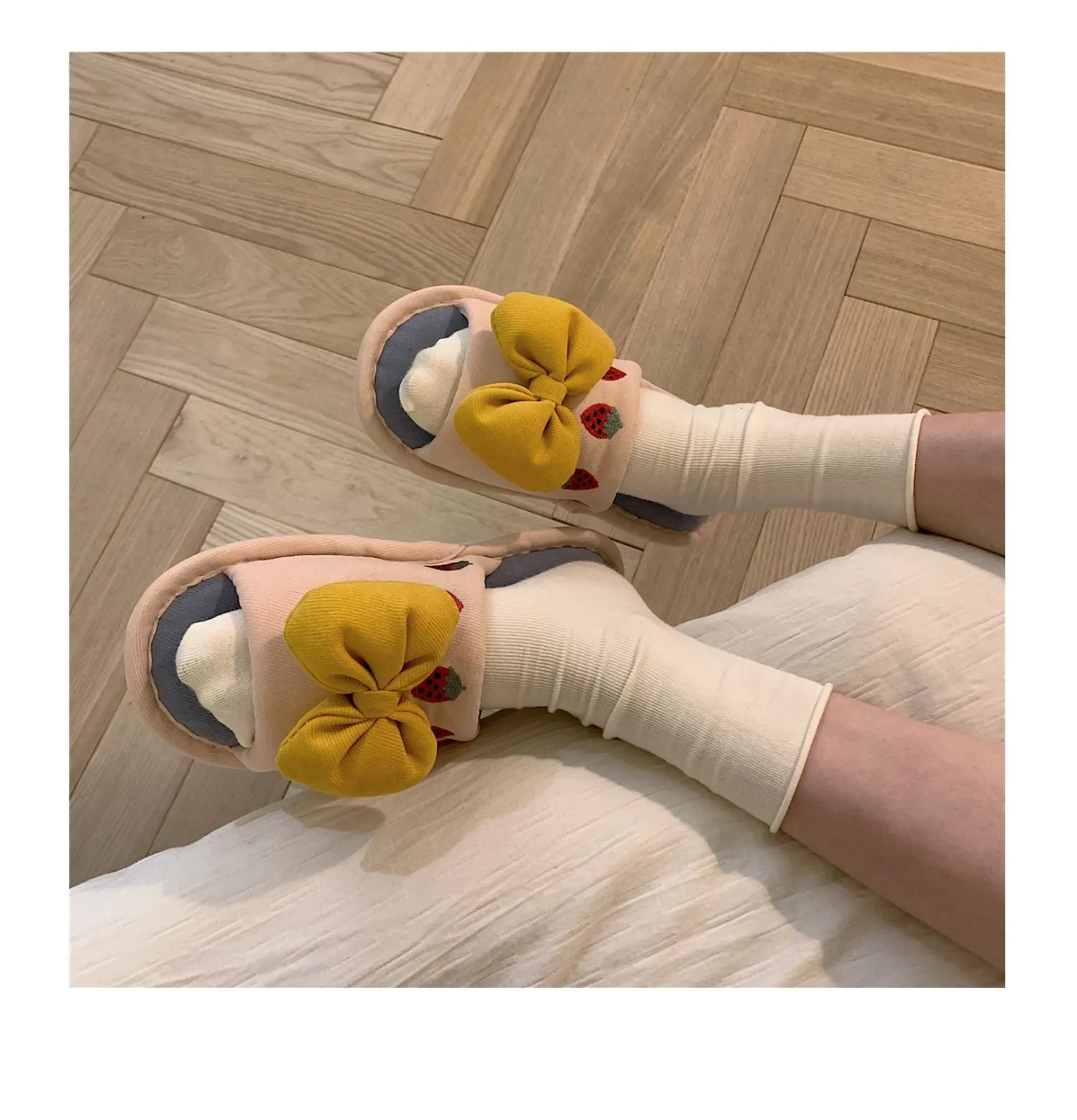 Fluffy Bow Cotton Slippers