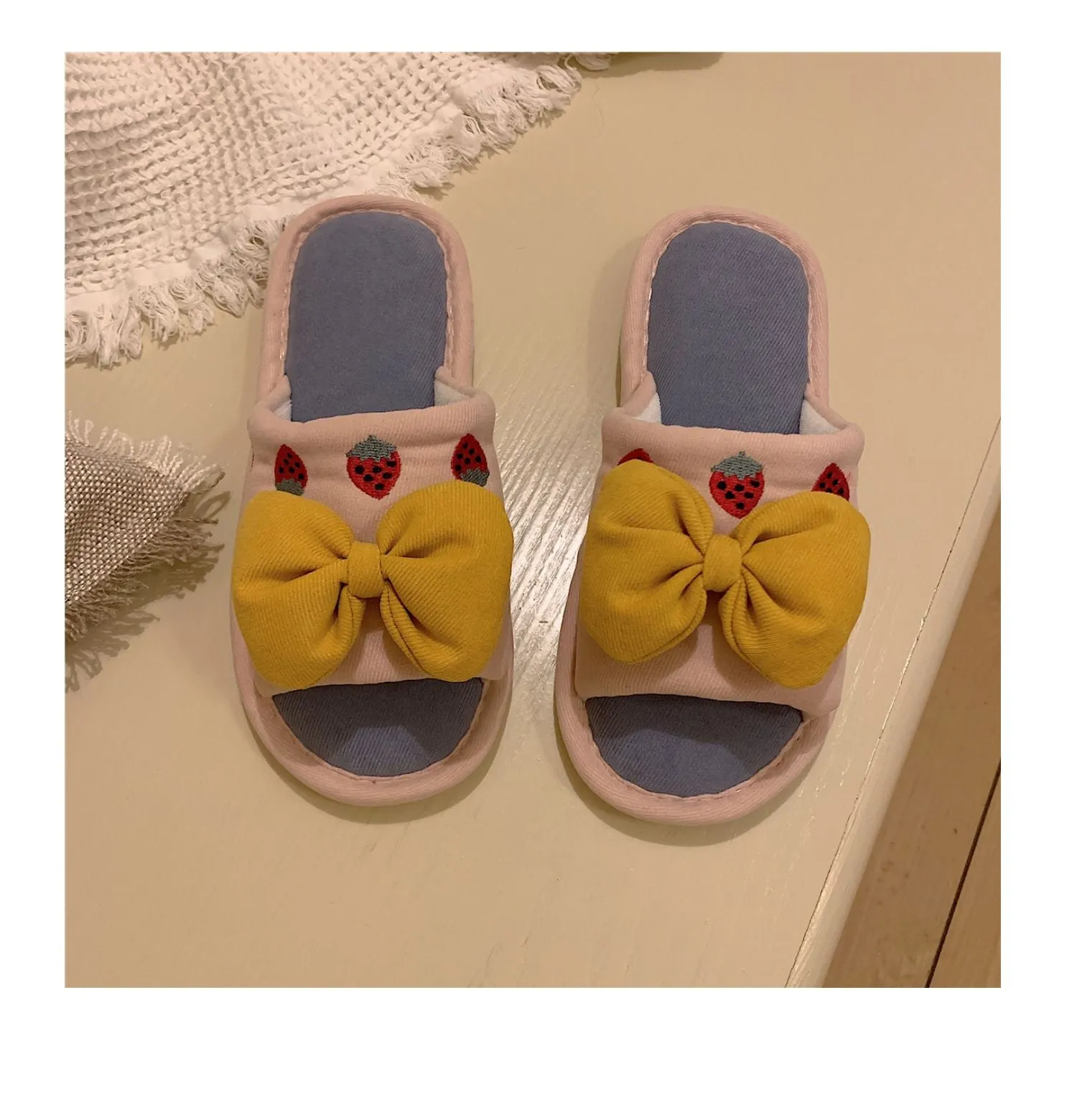 Fluffy Bow Cotton Slippers