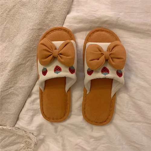 Fluffy Bow Cotton Slippers