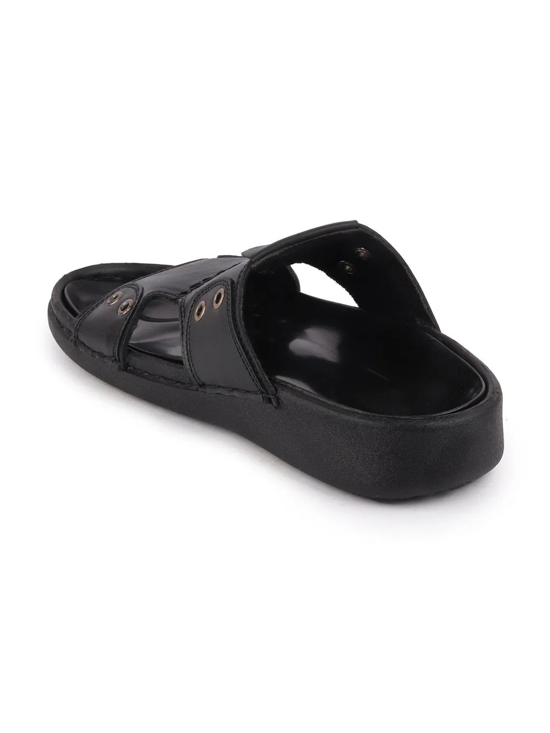 Men Black Casual Leather Slip-On Pad Slippers