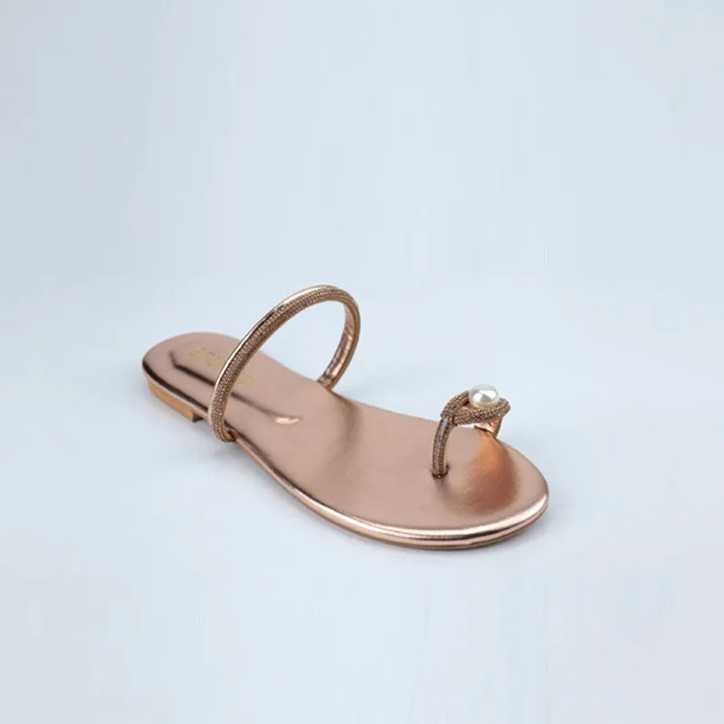 Pearl Ring Toe Flats Padded Metallic Sole Slippers