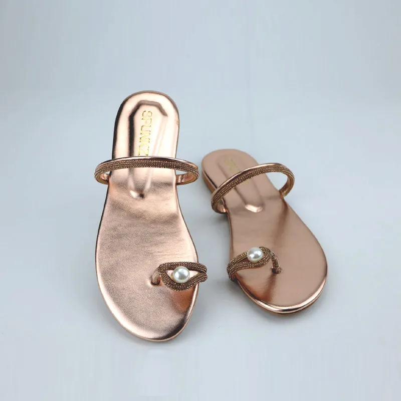 Pearl Ring Toe Flats Padded Metallic Sole Slippers