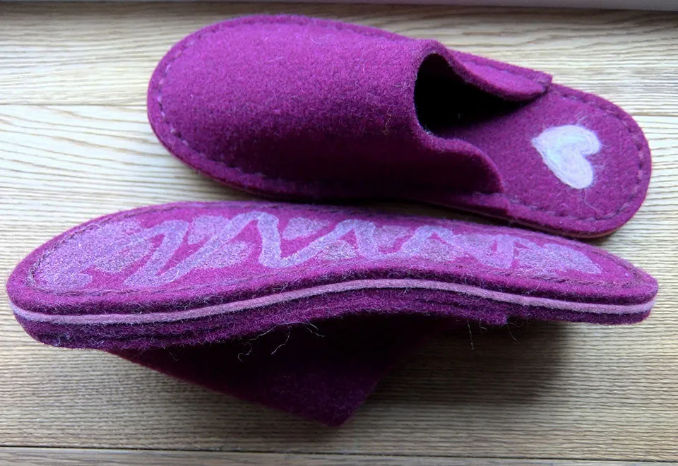 Purple slipper with handfelted heart