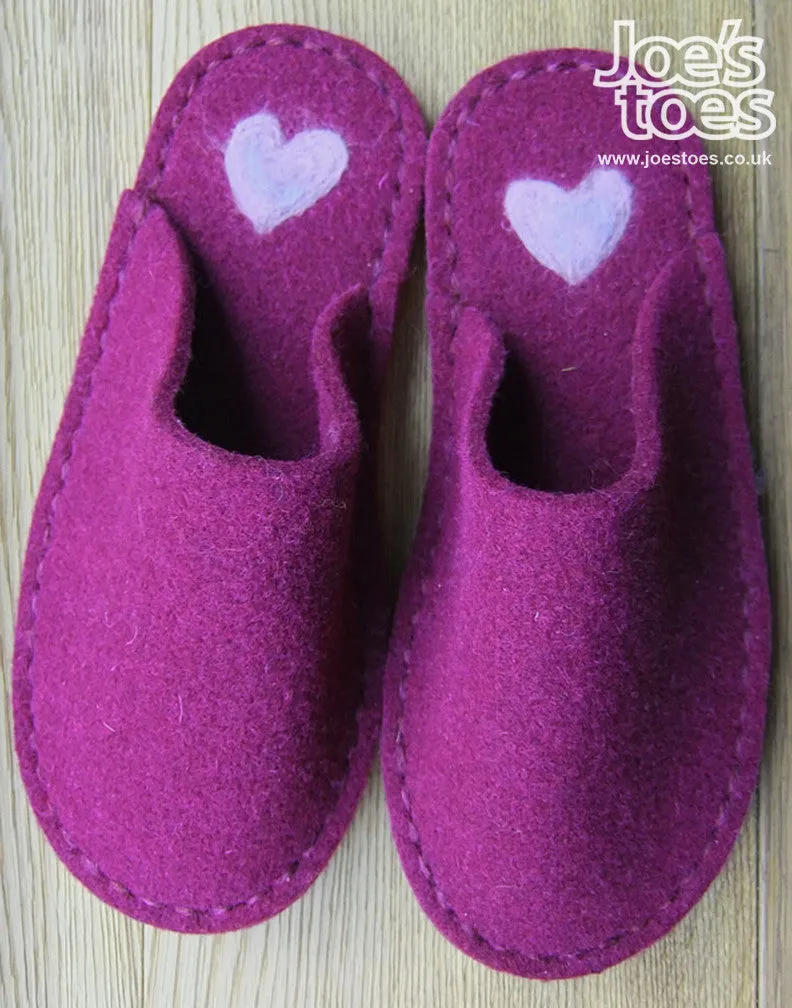 Purple slipper with handfelted heart