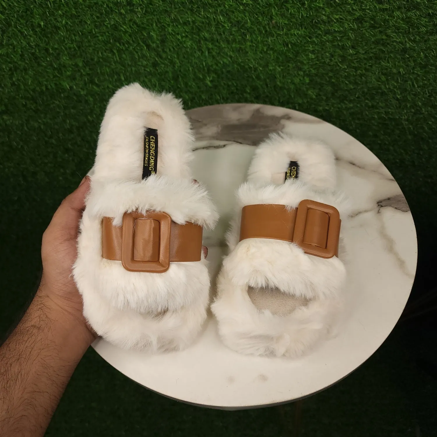 White Brown Fur Slippers