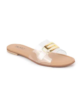 Women Beige Slip-On Casual Open Toe Buckle Design Outdoor Flats Slippers