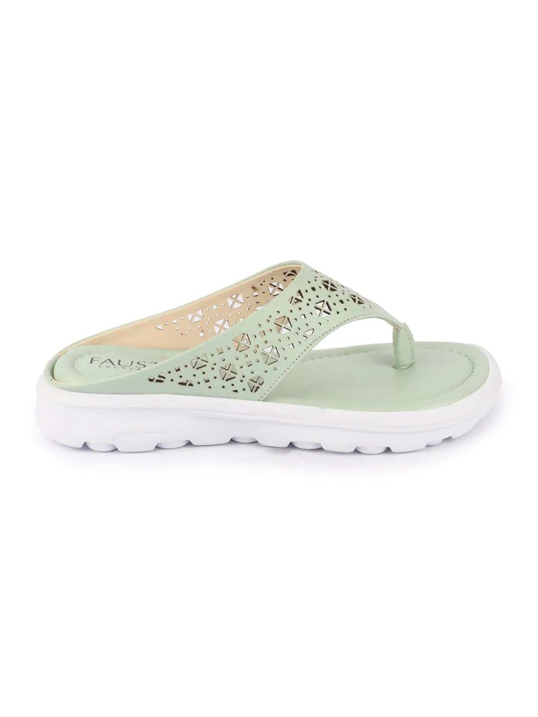 Women Green Party Fashion Stylish Laser Cut Design Strap Thong Flats Wedges Slipper