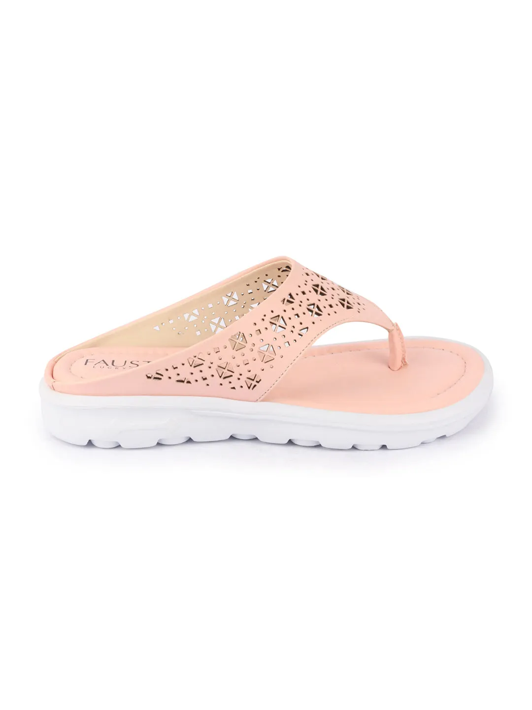 Women Pink Party Fashion Stylish Laser Cut Design Strap Thong Flats Wedges Slipper